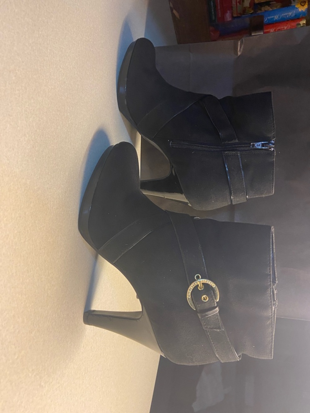 Women's Black High Heel Ankle Boots with Gold Buckle